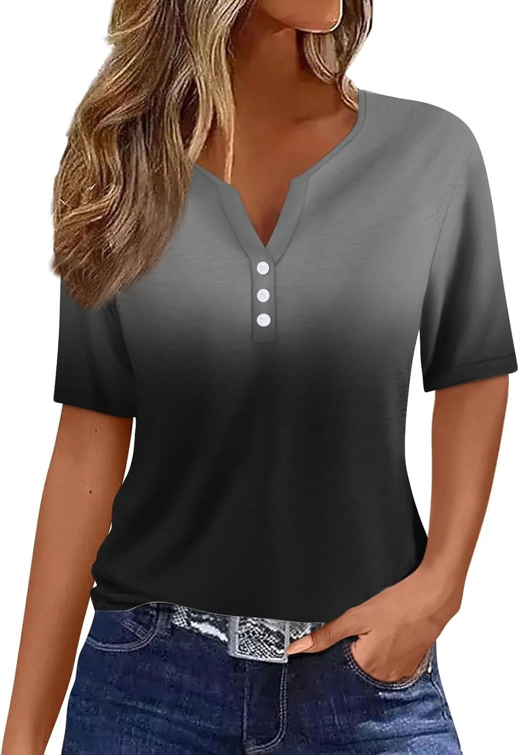 Summer Tops for Women 2025 Trendy Vacation Short Sleeve Button Vneck T Shirt Loose Fitted Boho Graphic Tees Fashion