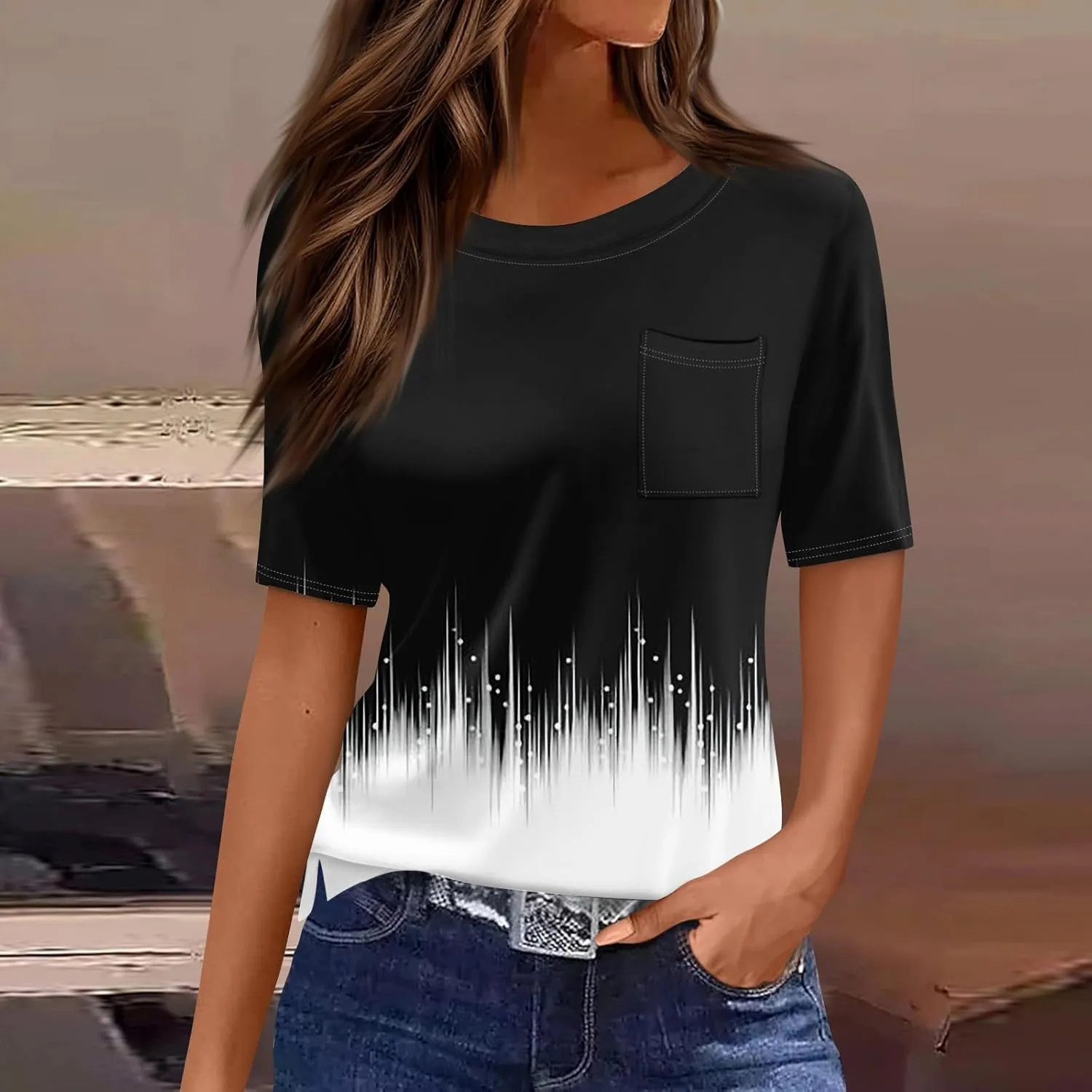 Summer Tops for Women Short Sleeve Womens Tops Dressy Casual Crew Neck Shirts Color Block Blouses Clothes with Pocket