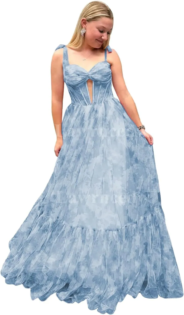 Sweetheart Chiffon Formal Prom Gown Bow Tie Straps Long Evening Gown Floral Print A-Line Princess Party Dress