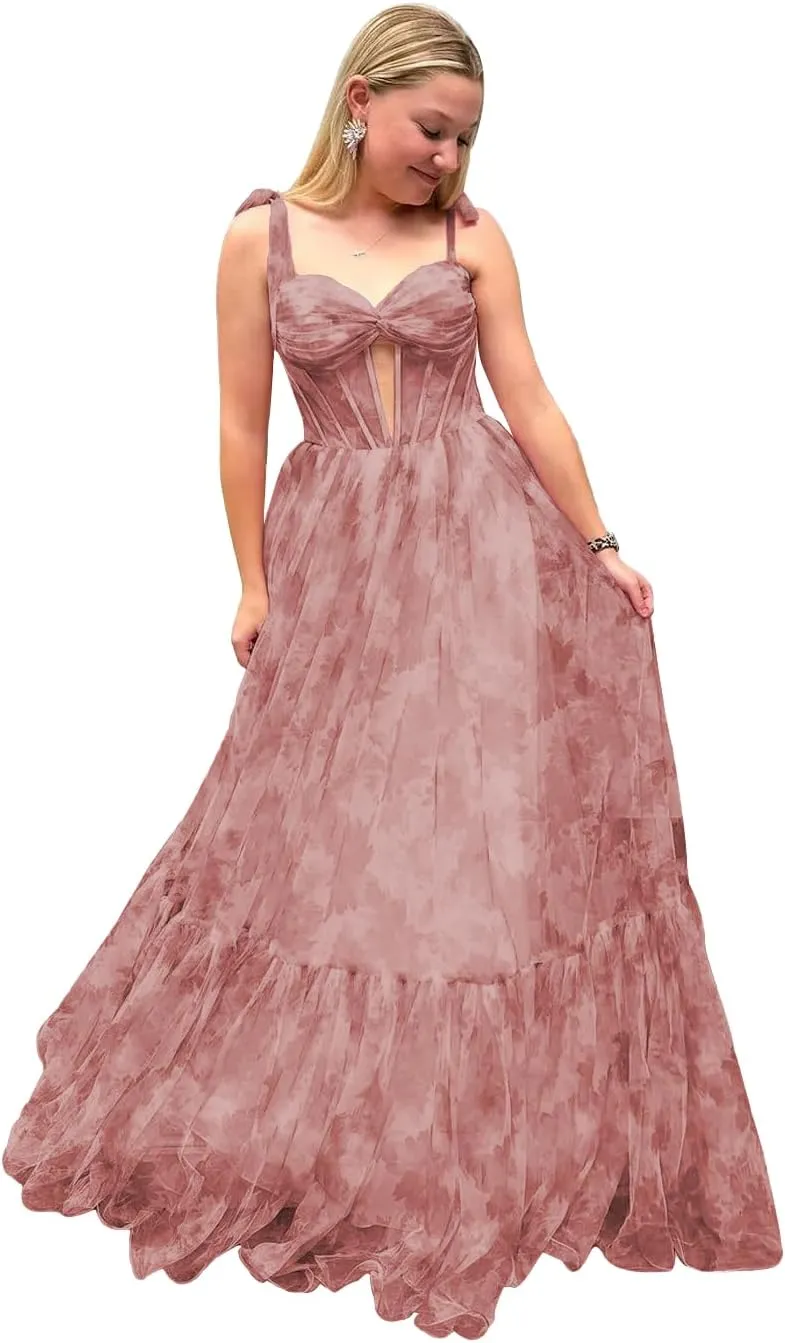 Sweetheart Chiffon Formal Prom Gown Bow Tie Straps Long Evening Gown Floral Print A-Line Princess Party Dress