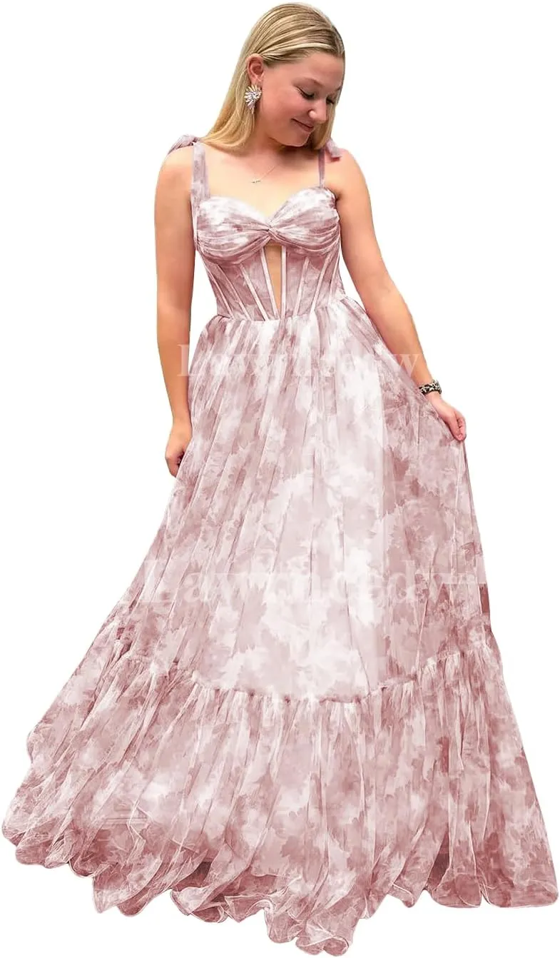 Sweetheart Chiffon Formal Prom Gown Bow Tie Straps Long Evening Gown Floral Print A-Line Princess Party Dress