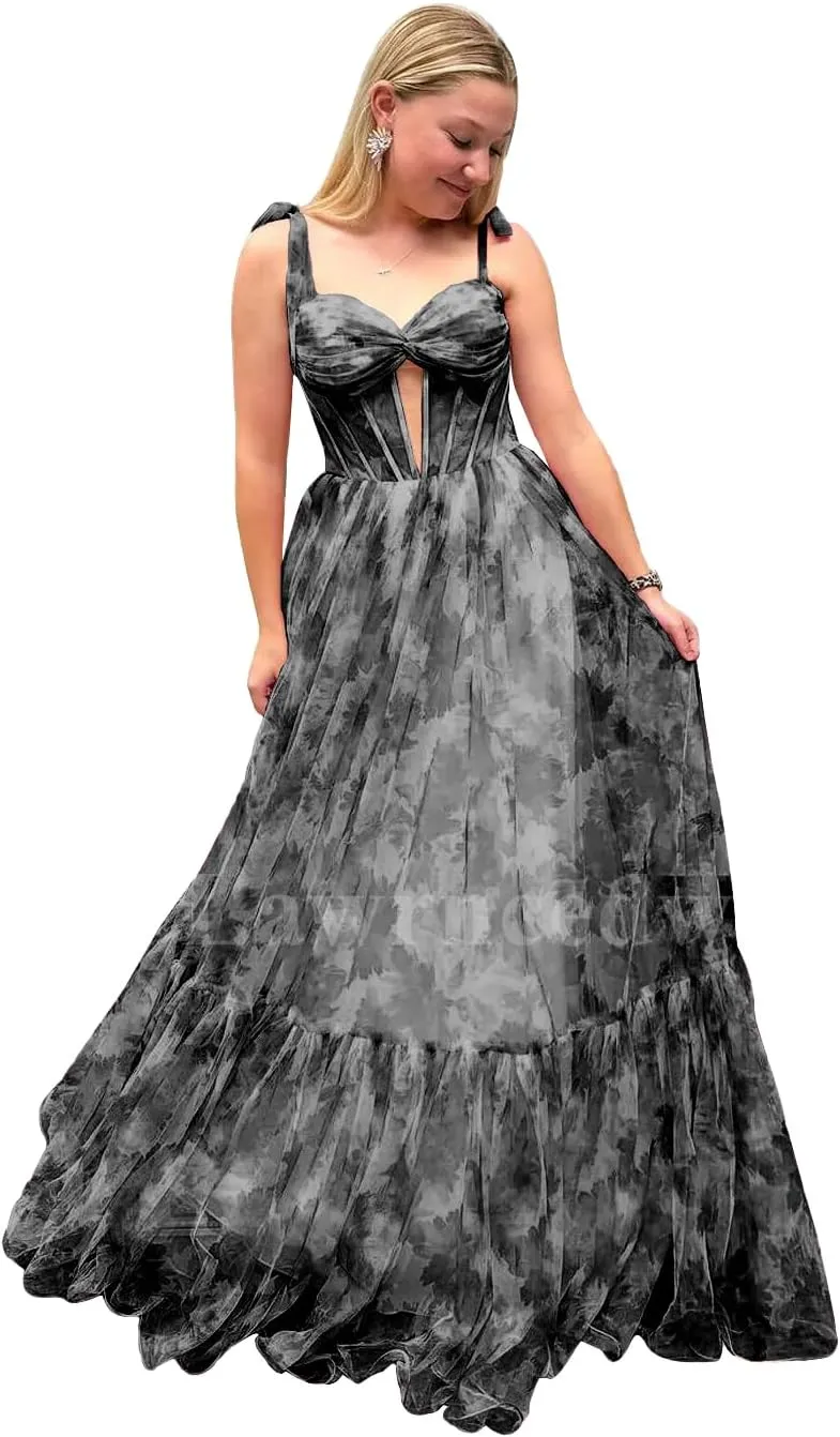 Sweetheart Chiffon Formal Prom Gown Bow Tie Straps Long Evening Gown Floral Print A-Line Princess Party Dress