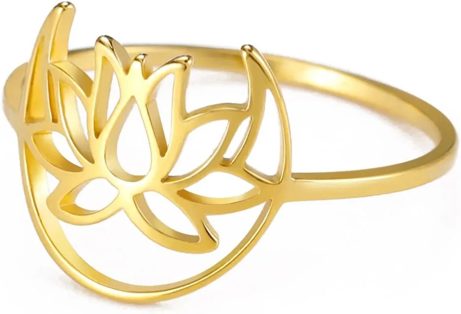TEAMER Lotus Ring Stainless Steel Moon Lotus Ring Geometric Ring Simple Jewelry for Women
