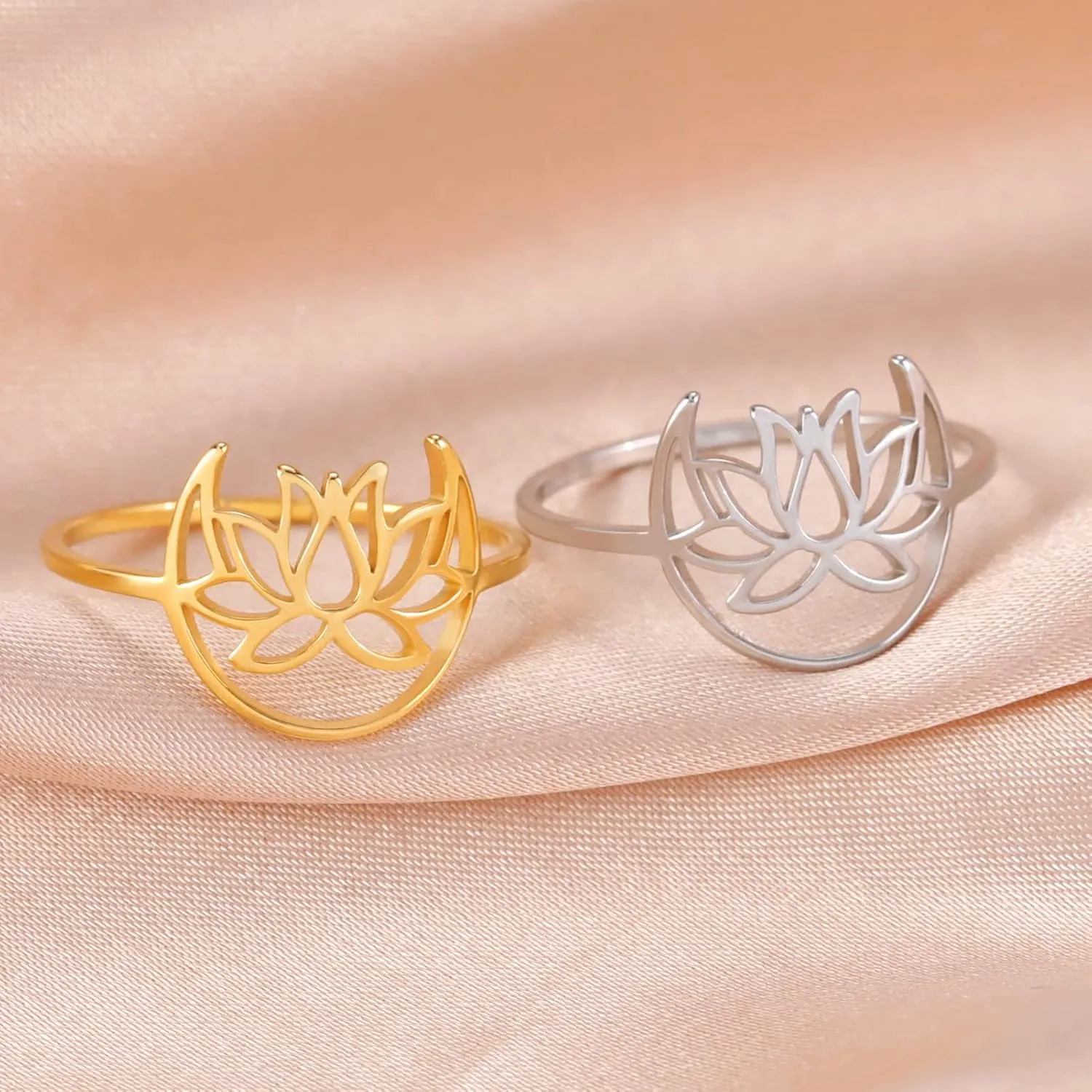 TEAMER Lotus Ring Stainless Steel Moon Lotus Ring Geometric Ring Simple Jewelry for Women