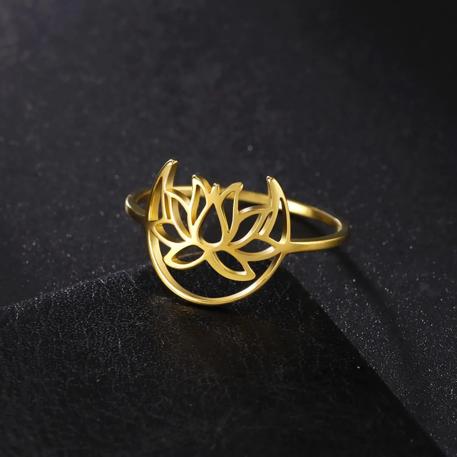 TEAMER Lotus Ring Stainless Steel Moon Lotus Ring Geometric Ring Simple Jewelry for Women