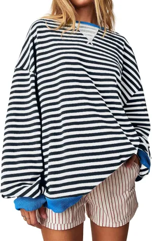 Thatrich Oversized Sweatshirts for Women Striped Crewneck Pullovers Casual Loose Long Sleeve Shirts Trendy Outfits for Fall