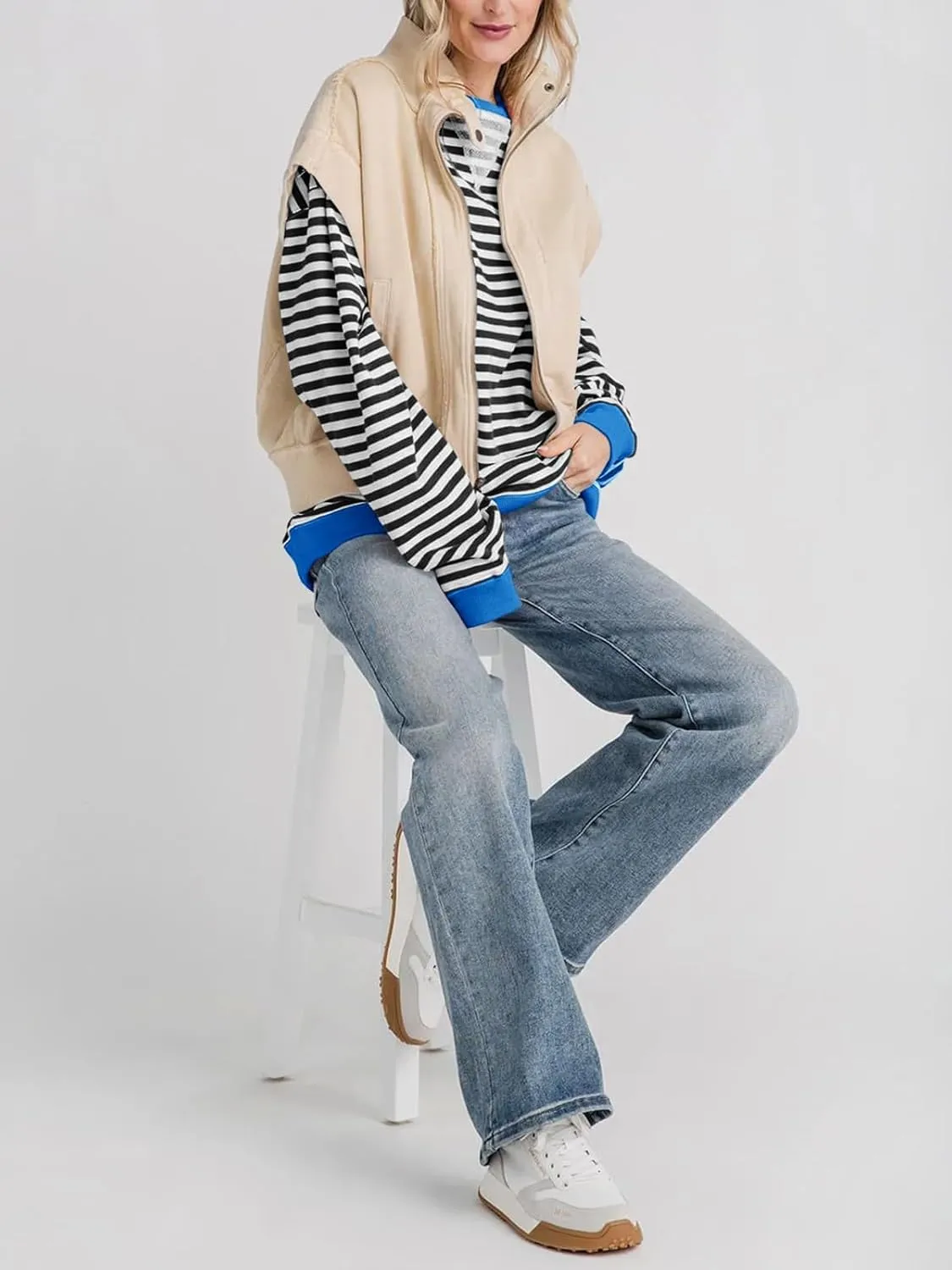 Thatrich Oversized Sweatshirts for Women Striped Crewneck Pullovers Casual Loose Long Sleeve Shirts Trendy Outfits for Fall
