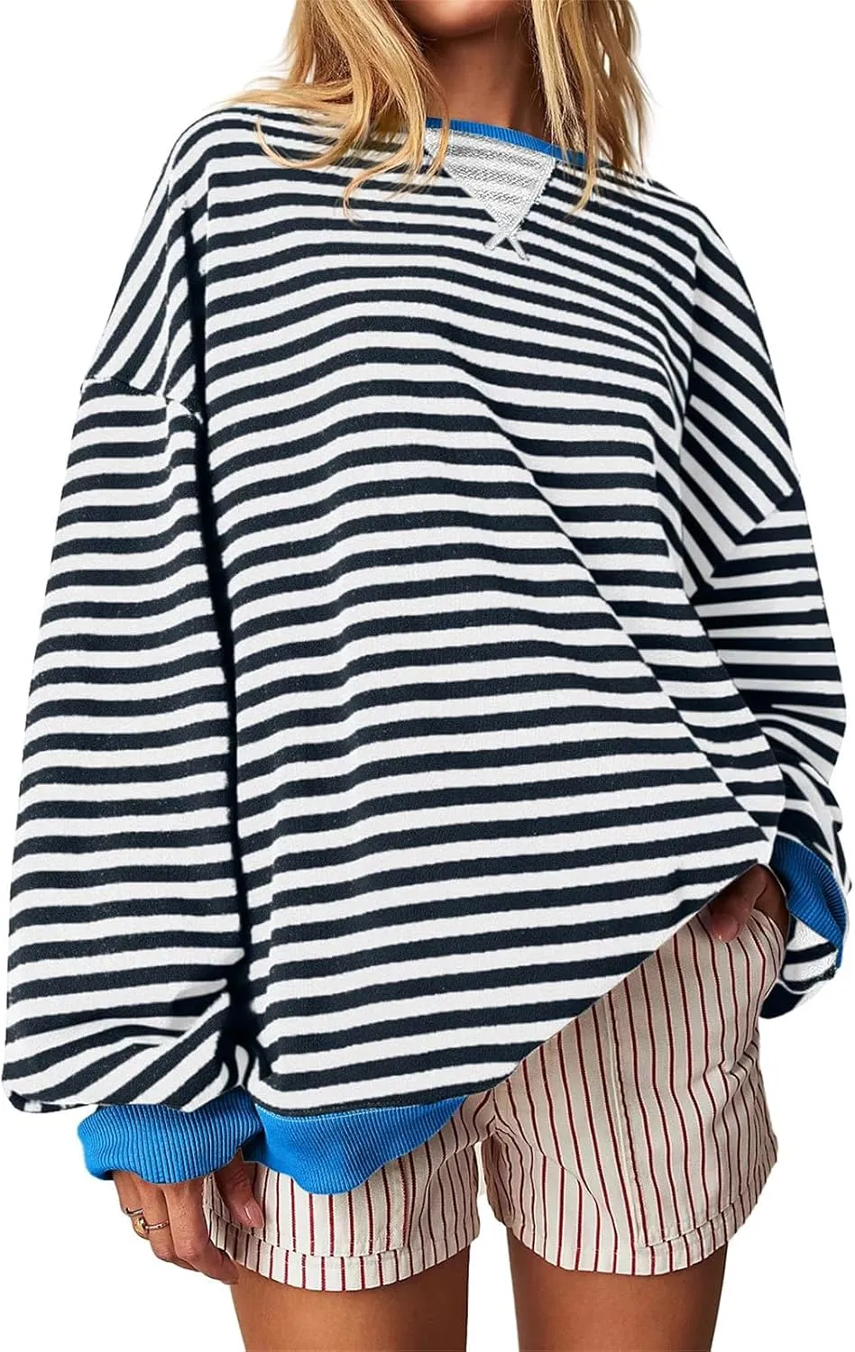Thatrich Oversized Sweatshirts for Women Striped Crewneck Pullovers Casual Loose Long Sleeve Shirts Trendy Outfits for Fall