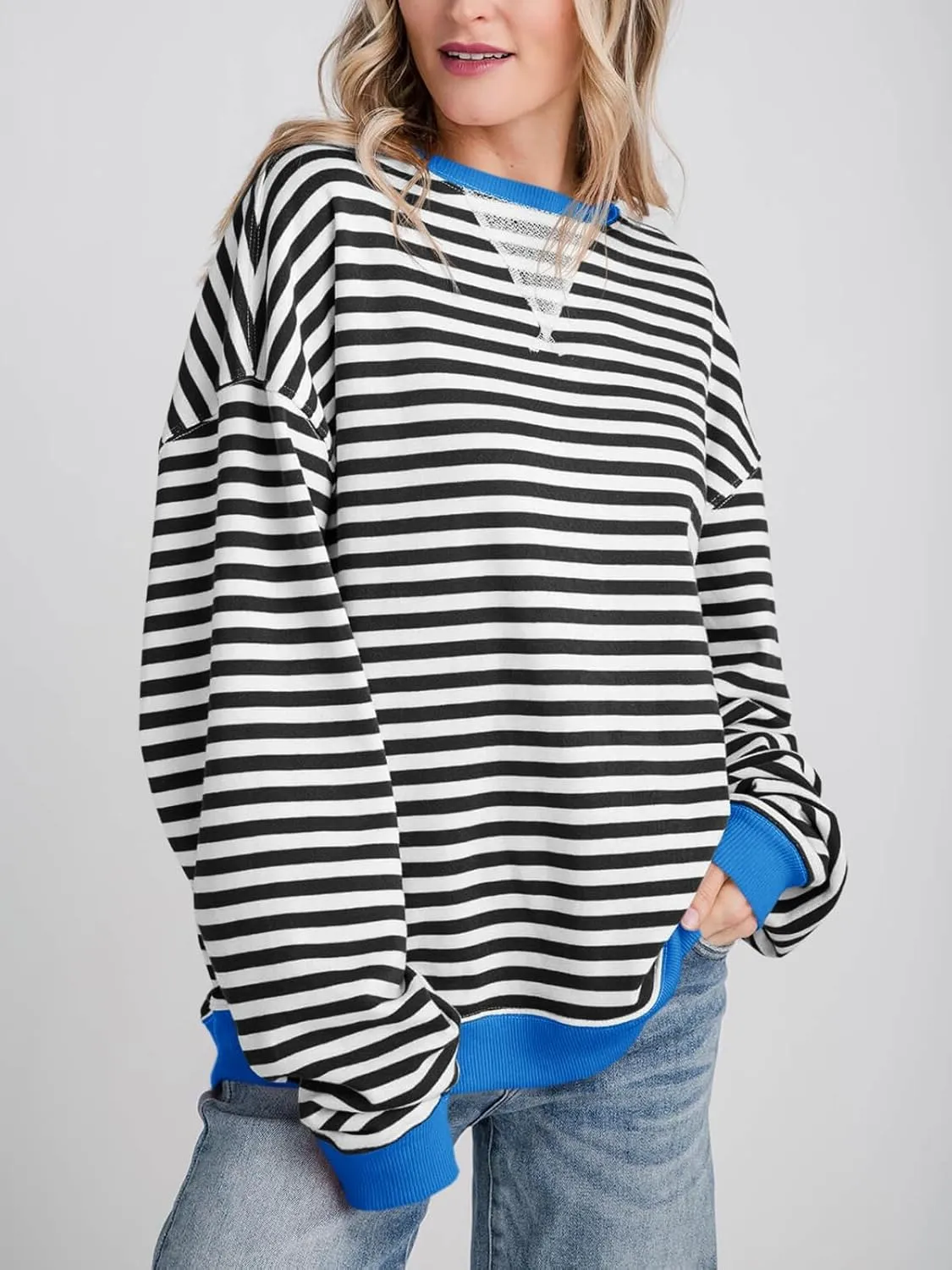 Thatrich Oversized Sweatshirts for Women Striped Crewneck Pullovers Casual Loose Long Sleeve Shirts Trendy Outfits for Fall