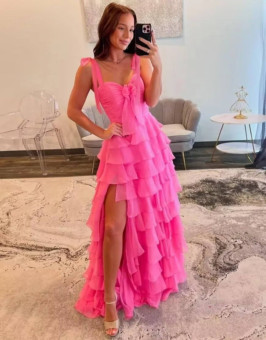 Tiered Prom Dresses 2025 Spaghetti Straps Formal Dress with Slit Chiffon Layered Long Ball Gown for Women