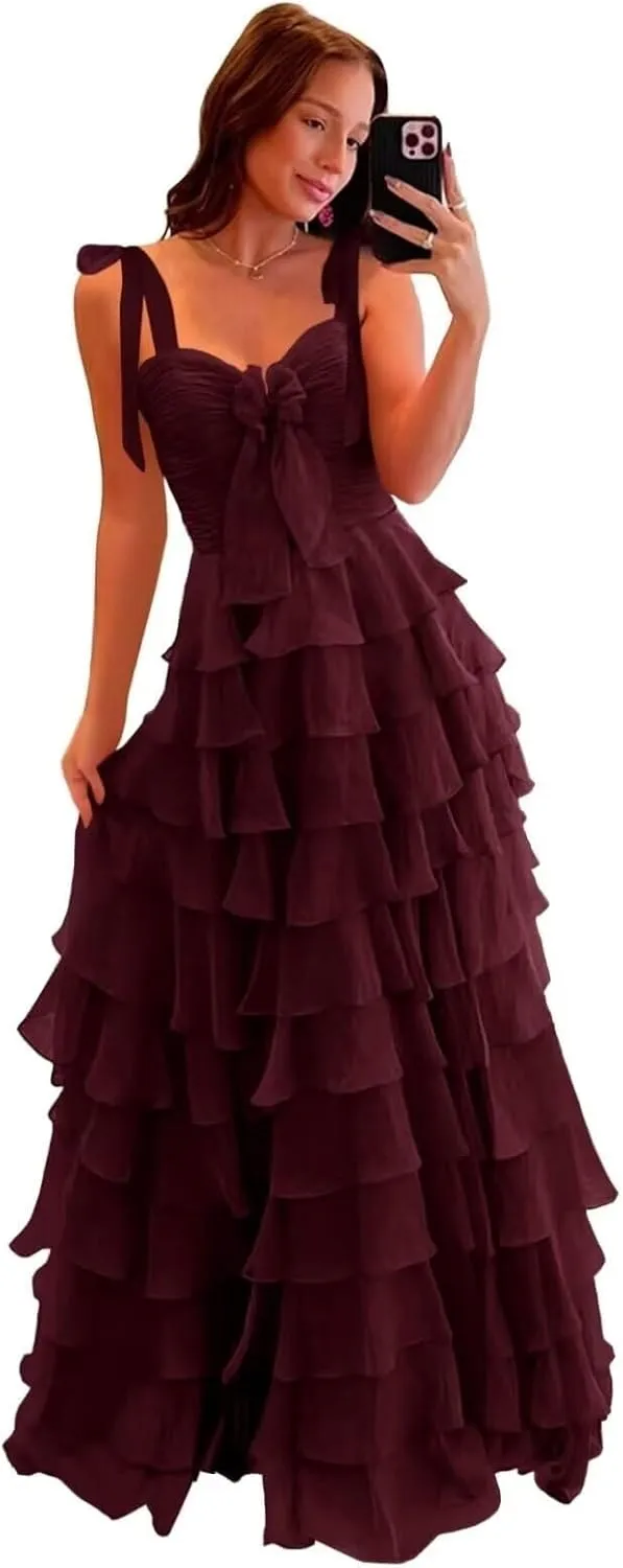 Tiered Prom Dresses 2025 Spaghetti Straps Formal Dress with Slit Chiffon Layered Long Ball Gown for Women