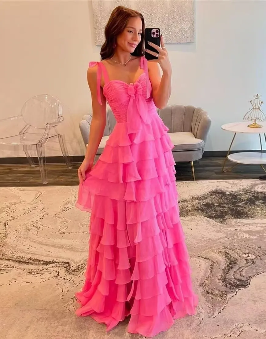 Tiered Prom Dresses 2025 Spaghetti Straps Formal Dress with Slit Chiffon Layered Long Ball Gown for Women