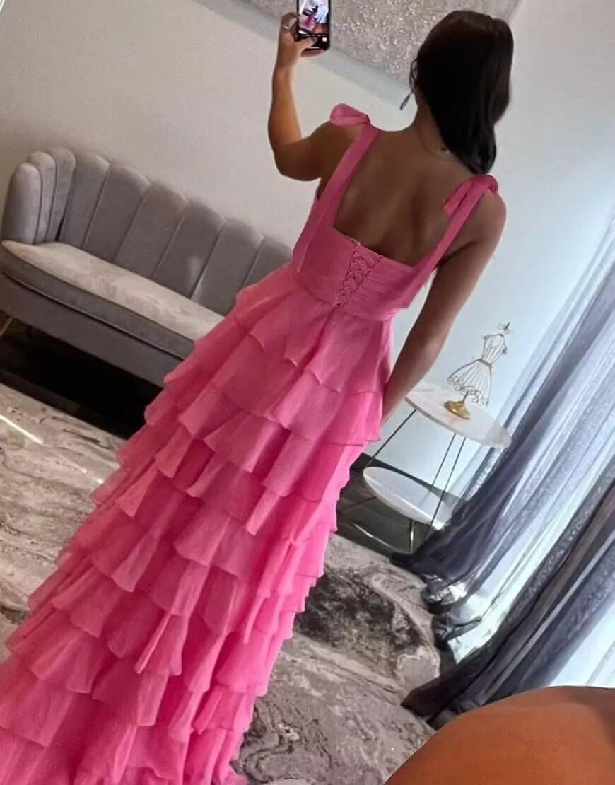 Tiered Prom Dresses 2025 Spaghetti Straps Formal Dress with Slit Chiffon Layered Long Ball Gown for Women
