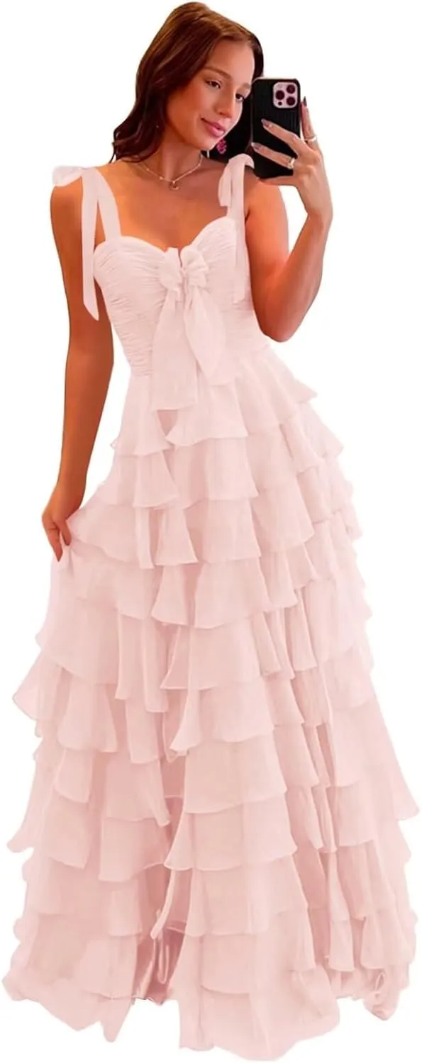 Tiered Prom Dresses for Women 2025 Long Spaghetti Straps Layered Ruffle Chiffon Formal Evening Gowns with Slit