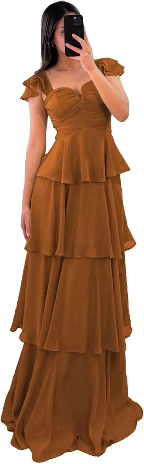 Tiered Ruffle Bridesmaid Dresses Long Off The Shoulder Chiffon Prom Evening Dresses for Women