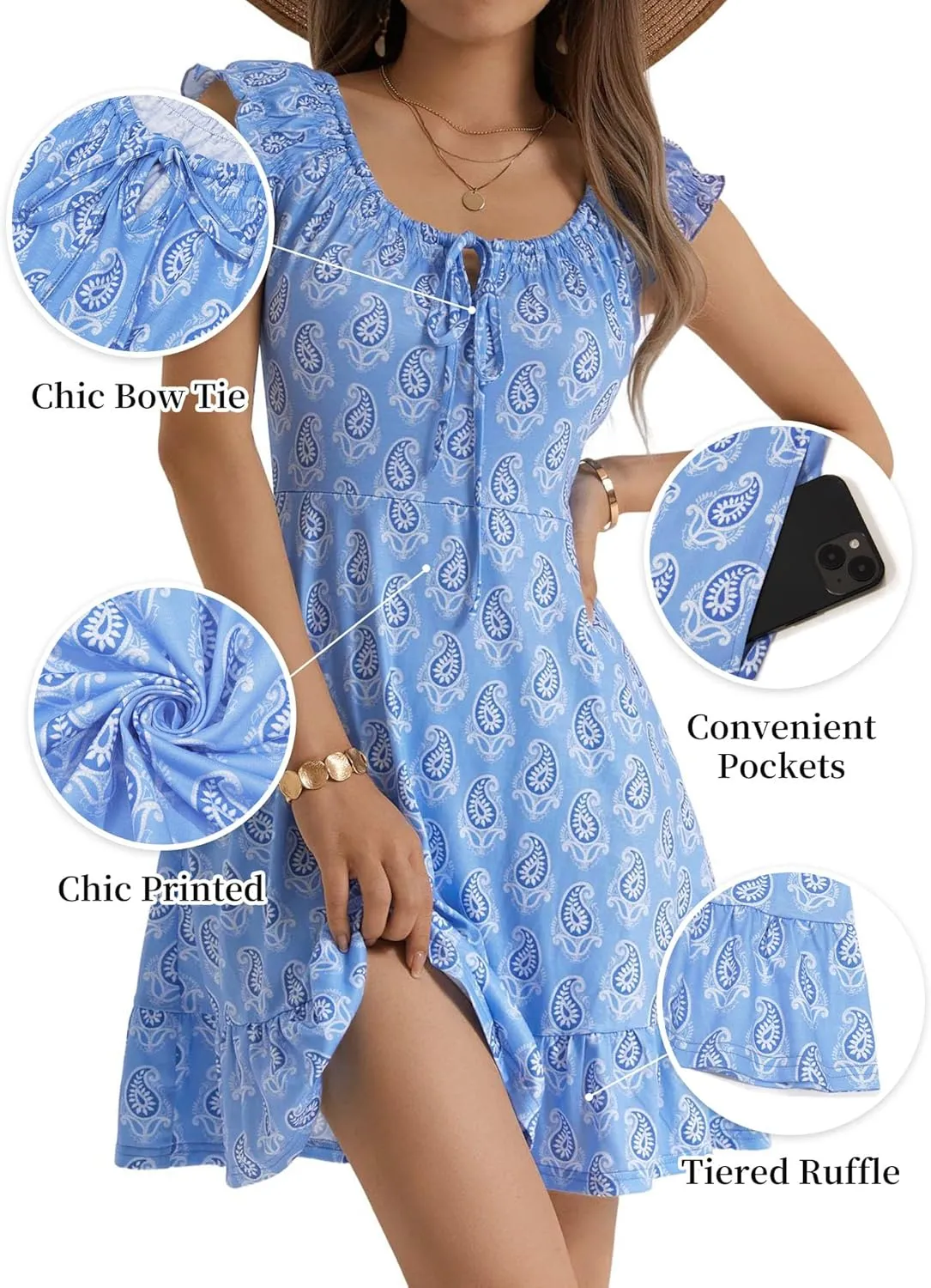 TORARY Women Cute Cap Sleeve Tie Scoop Neck Spring Summer Beach Vacation Boho Dresses 2025 Sundress with Pockets