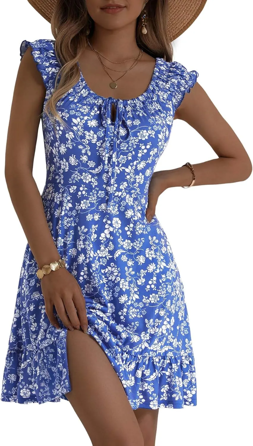 TORARY Women Cute Cap Sleeve Tie Scoop Neck Spring Summer Beach Vacation Boho Dresses 2025 Sundress with Pockets