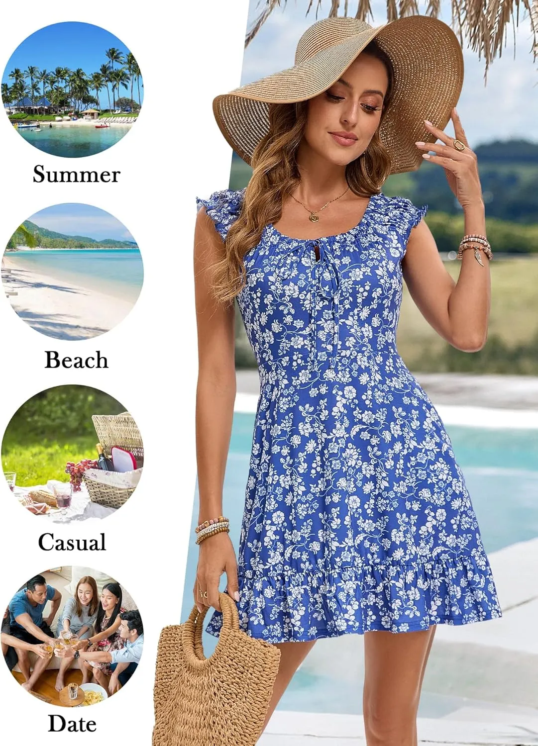 TORARY Women Cute Cap Sleeve Tie Scoop Neck Spring Summer Beach Vacation Boho Dresses 2025 Sundress with Pockets