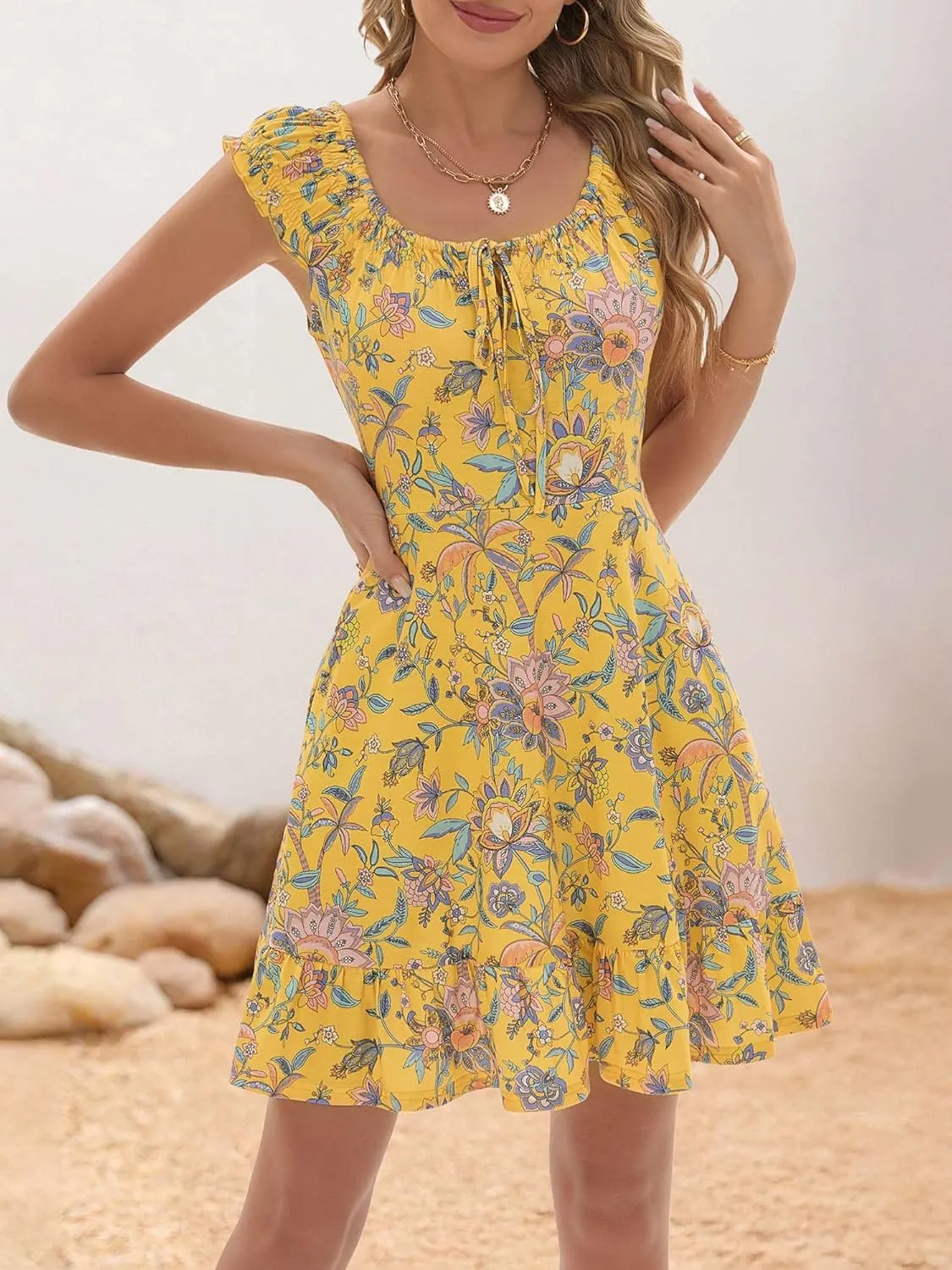 TORARY Women Cute Cap Sleeve Tie Scoop Neck Spring Summer Beach Vacation Boho Dresses 2025 Sundress with Pockets