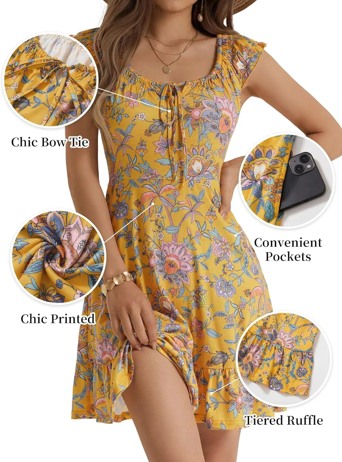 TORARY Women Cute Cap Sleeve Tie Scoop Neck Spring Summer Beach Vacation Boho Dresses 2025 Sundress with Pockets