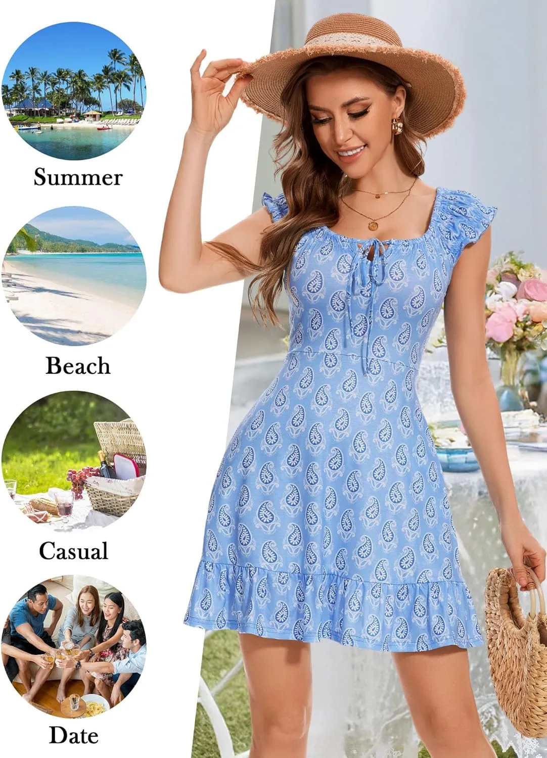 TORARY Women Cute Cap Sleeve Tie Scoop Neck Spring Summer Beach Vacation Boho Dresses 2025 Sundress with Pockets