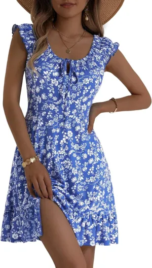 TORARY Women Cute Cap Sleeve Tie Scoop Neck Spring Summer Beach Vacation Boho Dresses 2025 Sundress with Pockets
