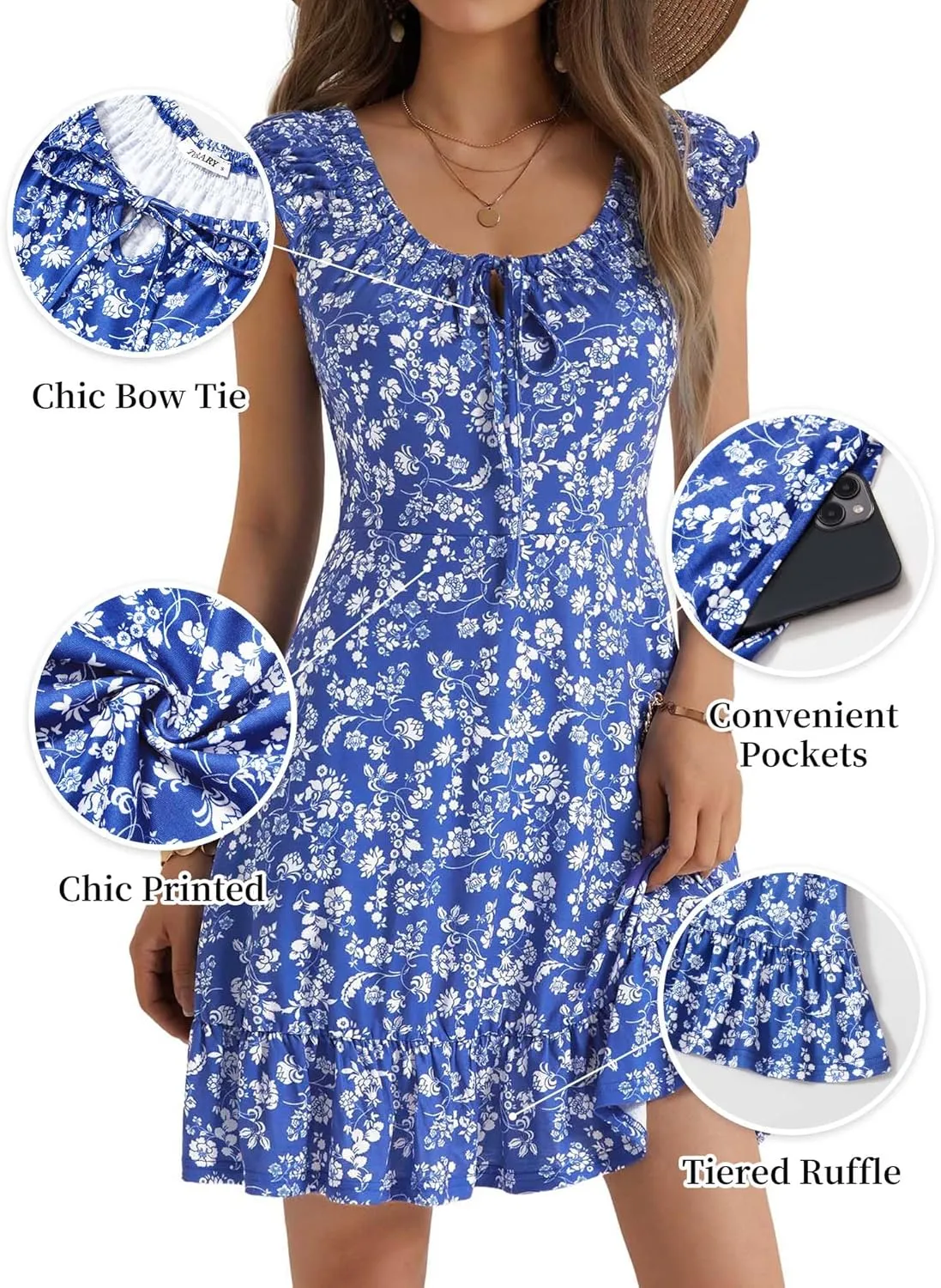 TORARY Women Cute Cap Sleeve Tie Scoop Neck Spring Summer Beach Vacation Boho Dresses 2025 Sundress with Pockets