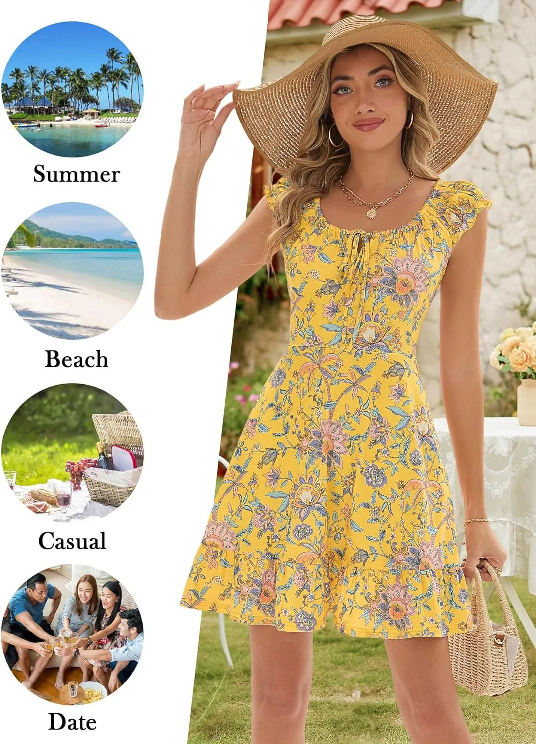 TORARY Women Cute Cap Sleeve Tie Scoop Neck Spring Summer Beach Vacation Boho Dresses 2025 Sundress with Pockets
