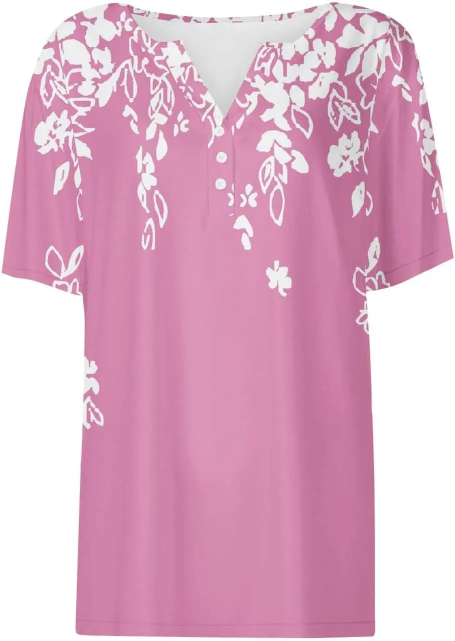 Trendy Summer Tops for Women 2024 Boho Floral Print Tunic Shirts Casual Short Sleeve Button v Neck Henley Blouses