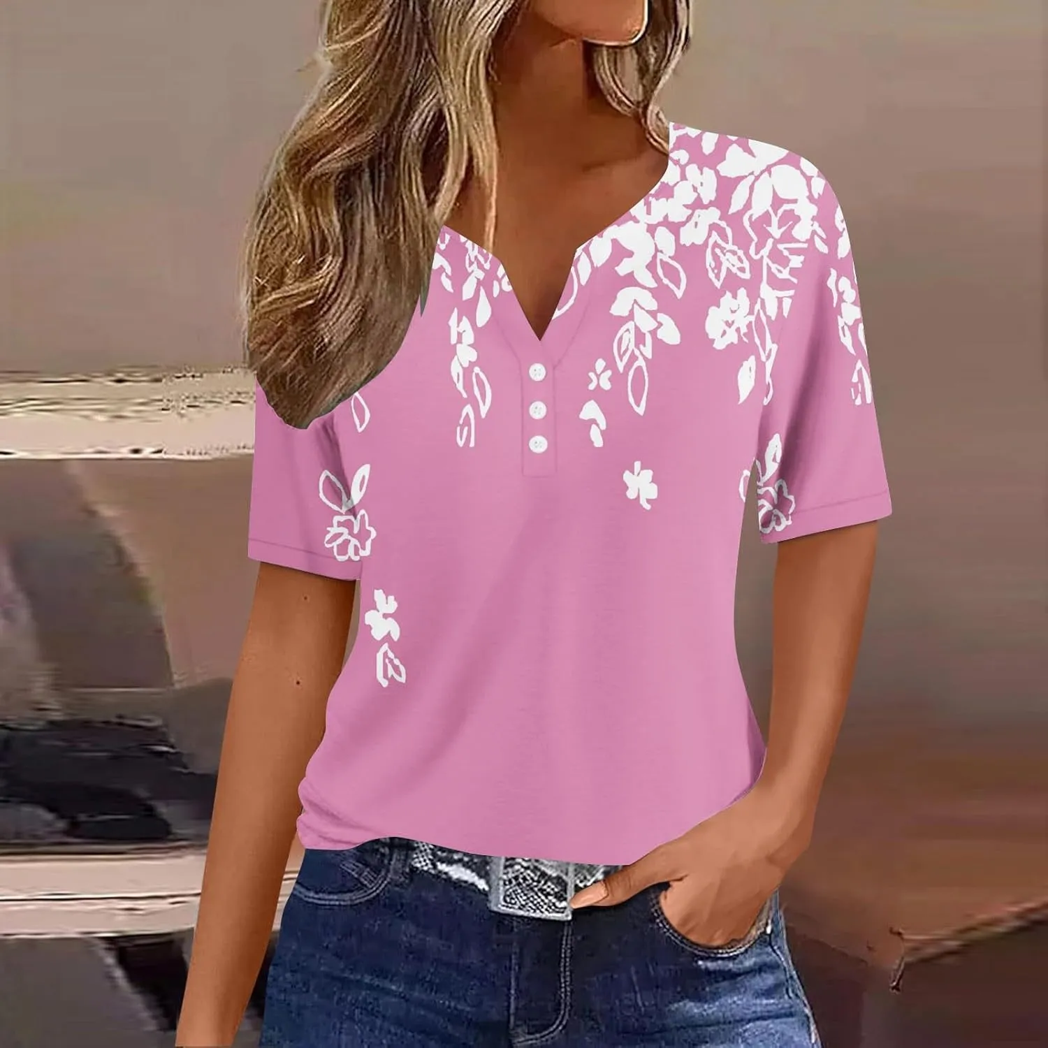 Trendy Summer Tops for Women 2024 Boho Floral Print Tunic Shirts Casual Short Sleeve Button v Neck Henley Blouses