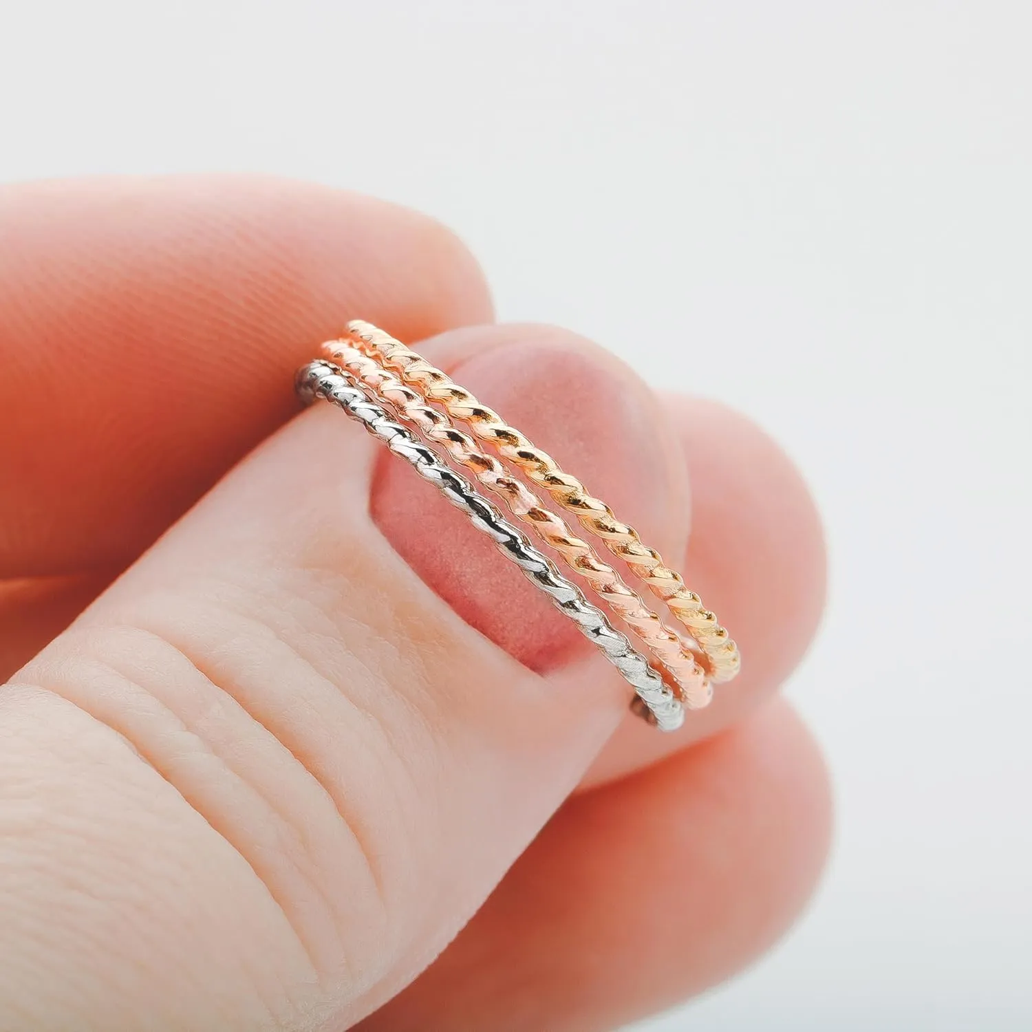 Trio of Braided Rope Stacking Rings | Set of 3 Mixed Metal 1mm Thin Stacking Twist Rings | Silver Gold & Rose Gold | Comfort Fit Sizes 3-12 (6)