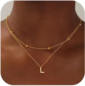 Turandoss Layered Gold Initial Necklaces for Women, 18K Gold Plated Letter A-Z Initial Pendant Necklaces Personalized 26 Alphabet Monogram Gold Initial Necklaces for Women Jewelry Gifts