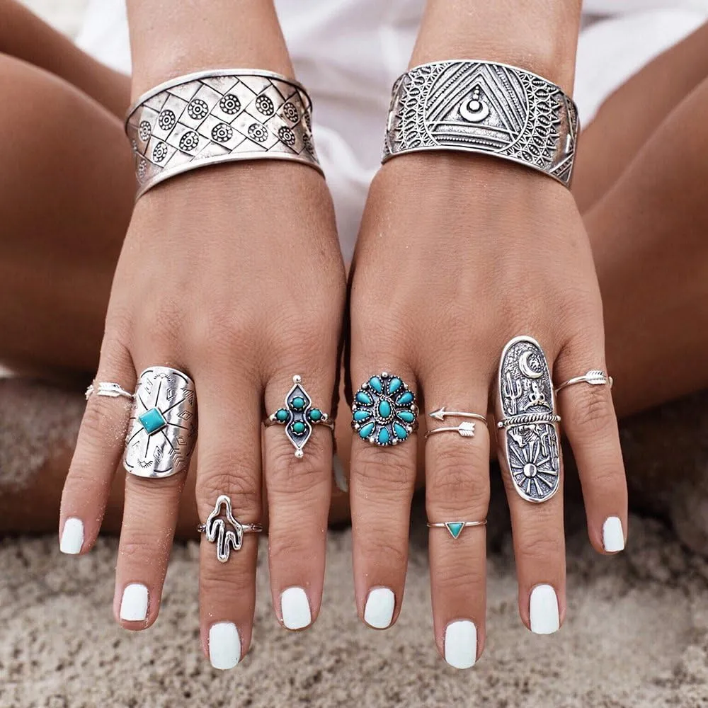 Turquoise Ring for Women Bohemian Stackable Knuckle Rings Set Boho Turquoise Finger Ring Vintage Oval Flower Starfish Teardrop Midi Snake Ring Western Rings Jewelry