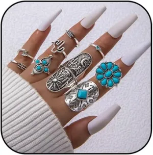 Turquoise Ring for Women Bohemian Stackable Knuckle Rings Set Boho Turquoise Finger Ring Vintage Oval Flower Starfish Teardrop Midi Snake Ring Western Rings Jewelry