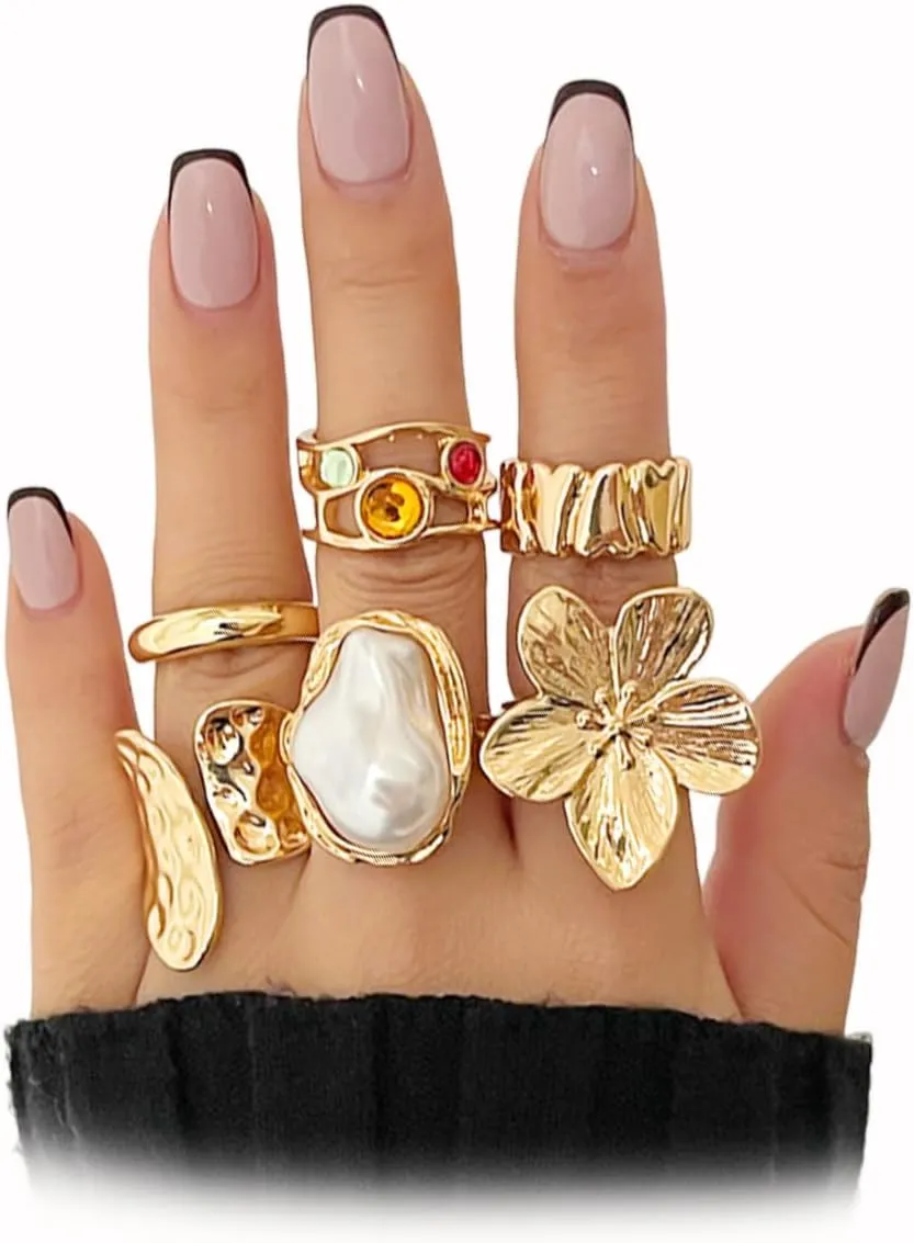 Unique Chunky Gold Rings for Women,Stackable Flower Pearl Crystal Open Knuckle Rings Set,Fancy Statement Rings Pack Cocktail Party Jewelry