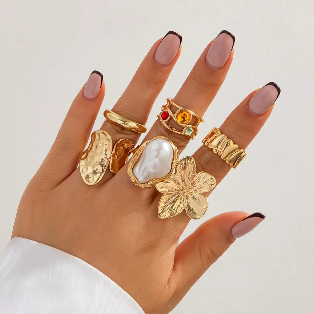 Unique Chunky Gold Rings for Women,Stackable Flower Pearl Crystal Open Knuckle Rings Set,Fancy Statement Rings Pack Cocktail Party Jewelry