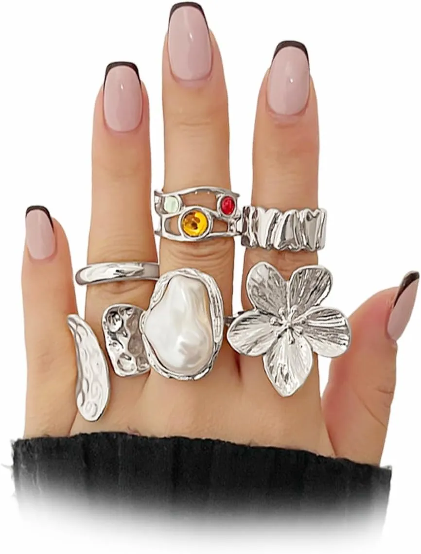 Unique Chunky Gold Rings for Women,Stackable Flower Pearl Crystal Open Knuckle Rings Set,Fancy Statement Rings Pack Cocktail Party Jewelry