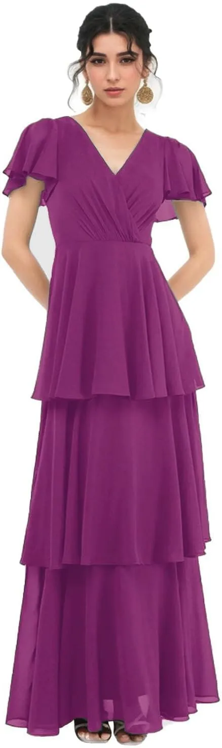 V Neck Chiffon Bridesmaid Dresses for Women Ruffle Sleeves Tiered Formal Dress Evening Gowns