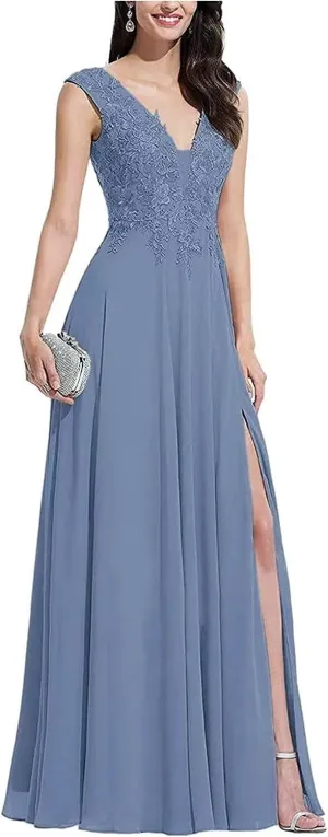 V Neck Sleeveless Formal Prom Dress for Party Lace Appliques Chiffon Evening Dress with Slit for Women Dusty Blue US14