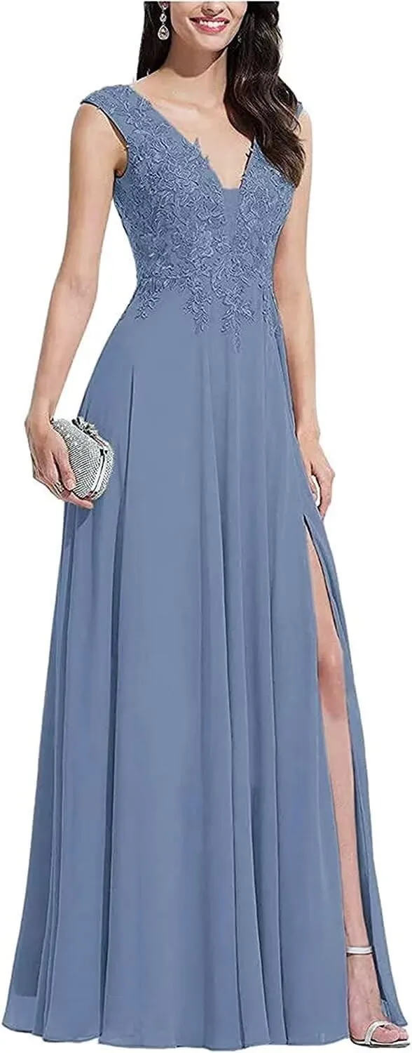 V Neck Sleeveless Formal Prom Dress for Party Lace Appliques Chiffon Evening Dress with Slit for Women Dusty Blue US14