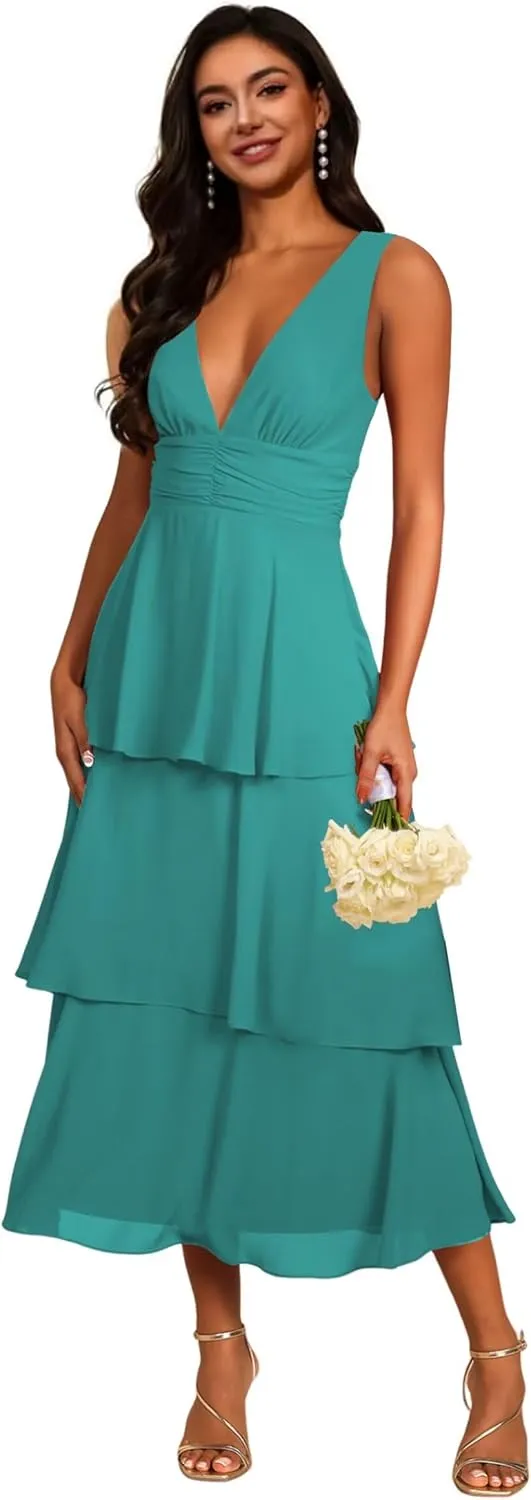V Neck Tiered Chiffon Bridesmaid Dresses Tea Length 2025 Ruffle Formal Evening Dresses VS177