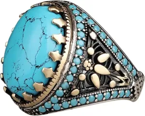Vintage Turquoise Wedding Band Hollow Out Bohemian Anniversary Ring Eternal Ring for Woman (Blue, 9)