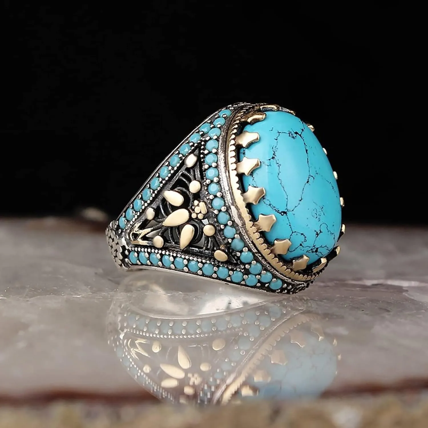 Vintage Turquoise Wedding Band Hollow Out Bohemian Anniversary Ring Eternal Ring for Woman (Blue, 9)