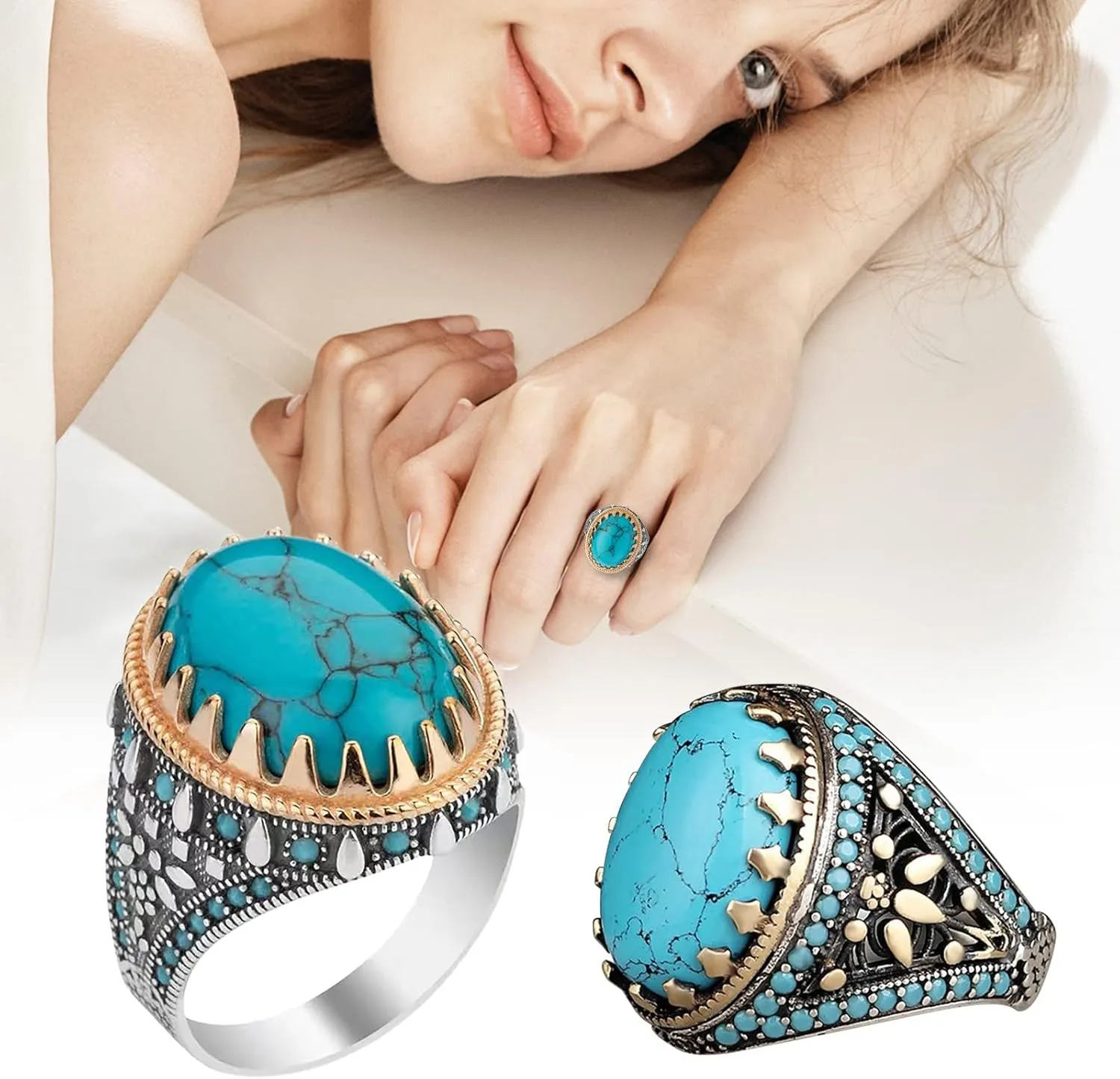 Vintage Turquoise Wedding Band Hollow Out Bohemian Anniversary Ring Eternal Ring for Woman (Blue, 9)