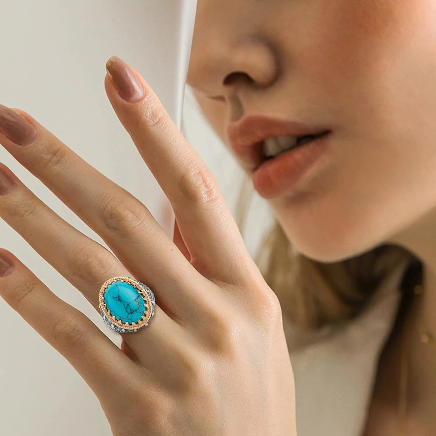 Vintage Turquoise Wedding Band Hollow Out Bohemian Anniversary Ring Eternal Ring for Woman (Blue, 9)
