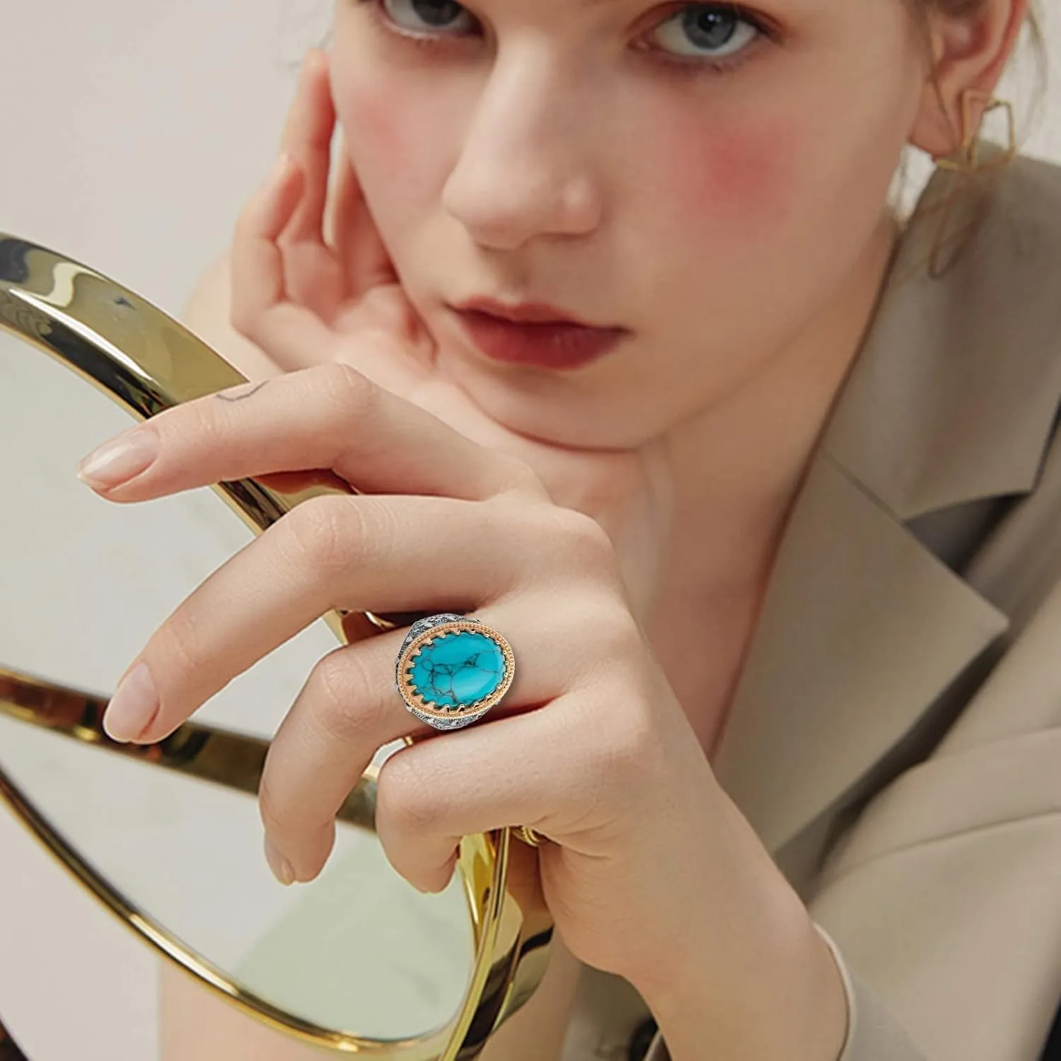 Vintage Turquoise Wedding Band Hollow Out Bohemian Anniversary Ring Eternal Ring for Woman (Blue, 9)