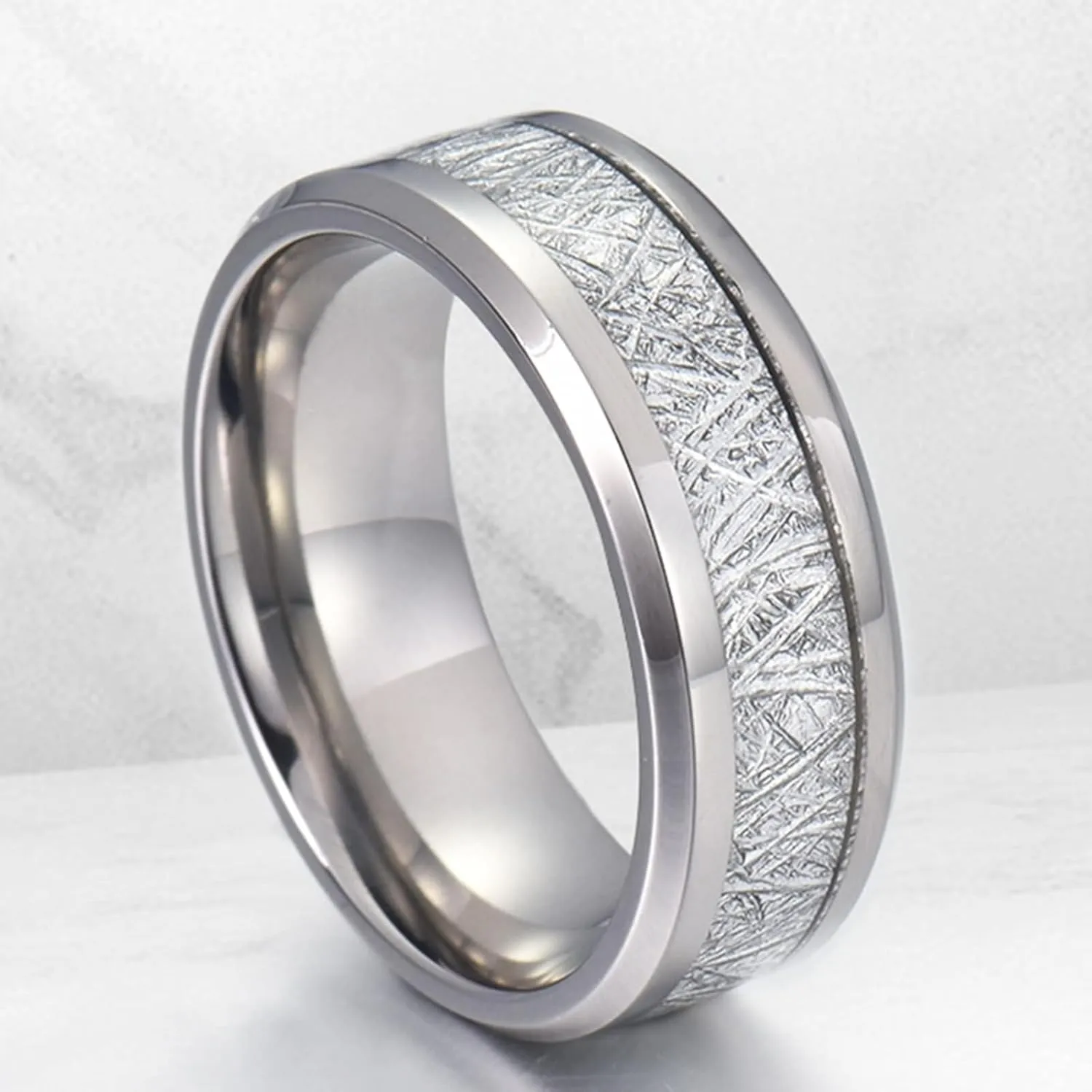Wedding Ring Band Sets for Him and Her, Couple Rings Set Promise Rings Stainless Steel Comfort Fit 8mm Silver Ring Inlay Silver Metal