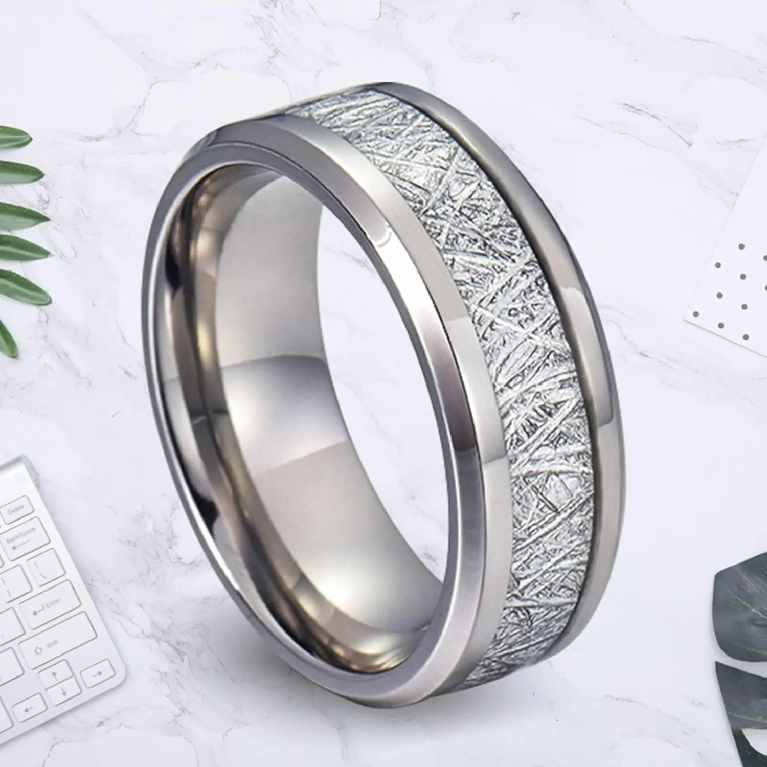 Wedding Ring Band Sets for Him and Her, Couple Rings Set Promise Rings Stainless Steel Comfort Fit 8mm Silver Ring Inlay Silver Metal