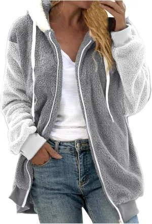 Winter Coat For Women Fuzzy Fleece Jacket Hooded Color Block Thermal Coat Oversized Fluffy Sherpa Outerwear Sweater