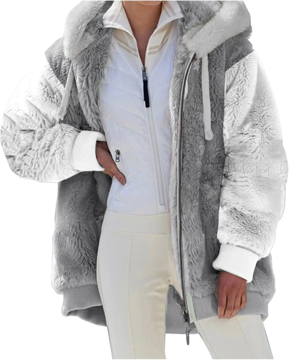 Winter Coat For Women Fuzzy Fleece Jacket Hooded Color Block Thermal Coat Oversized Fluffy Sherpa Outerwear Sweater